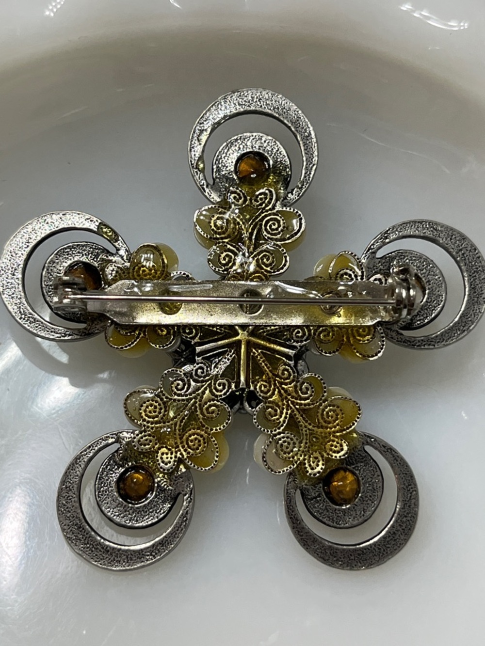 Vintage Silver Tone, Faux Pearl, and Rhinestone Floral Brooch - Picture 3 of 5